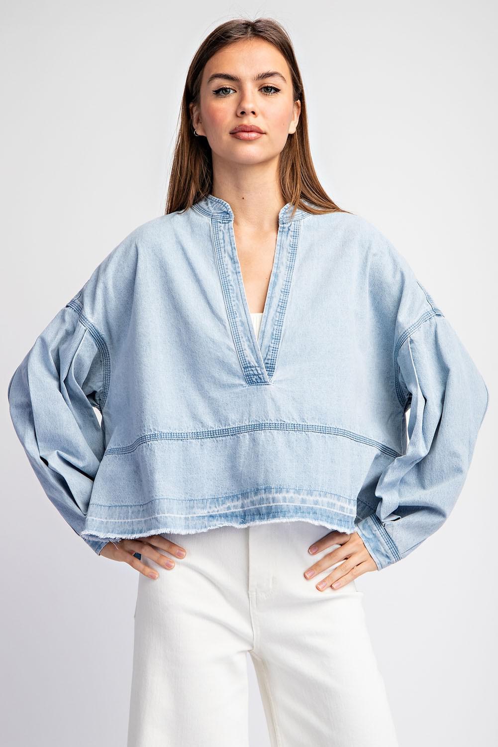 Denim Mineral Washed V-Neck Long Sleeve