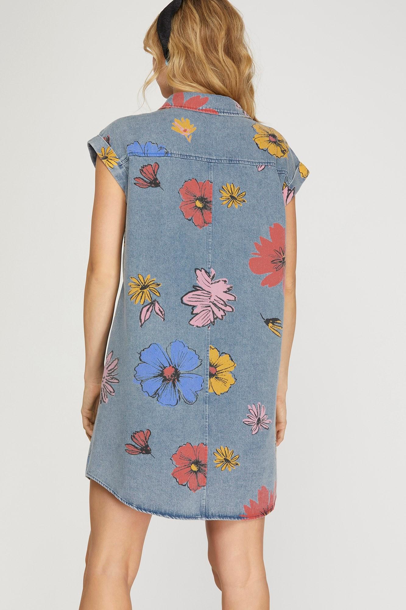 Lt Blue Flowered Print Denim Shirt Dress