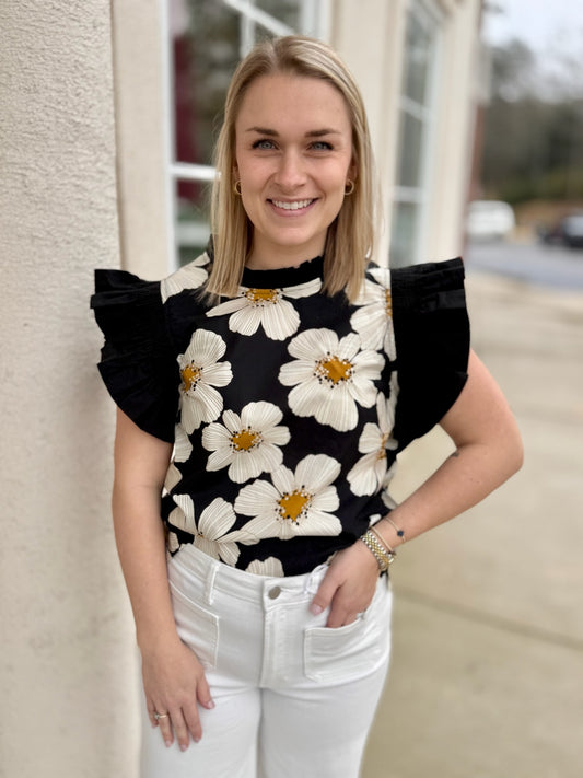 Black  and Cream Floral Print Top