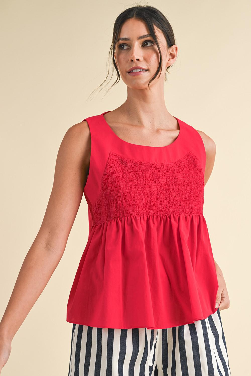 Red Smocked Detail Woven top