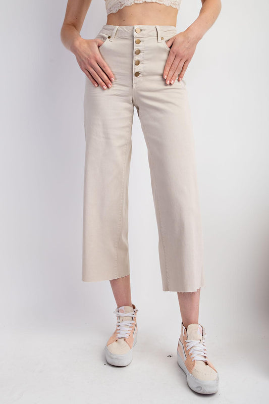 Ecru Button Front Stretch Twill Pant