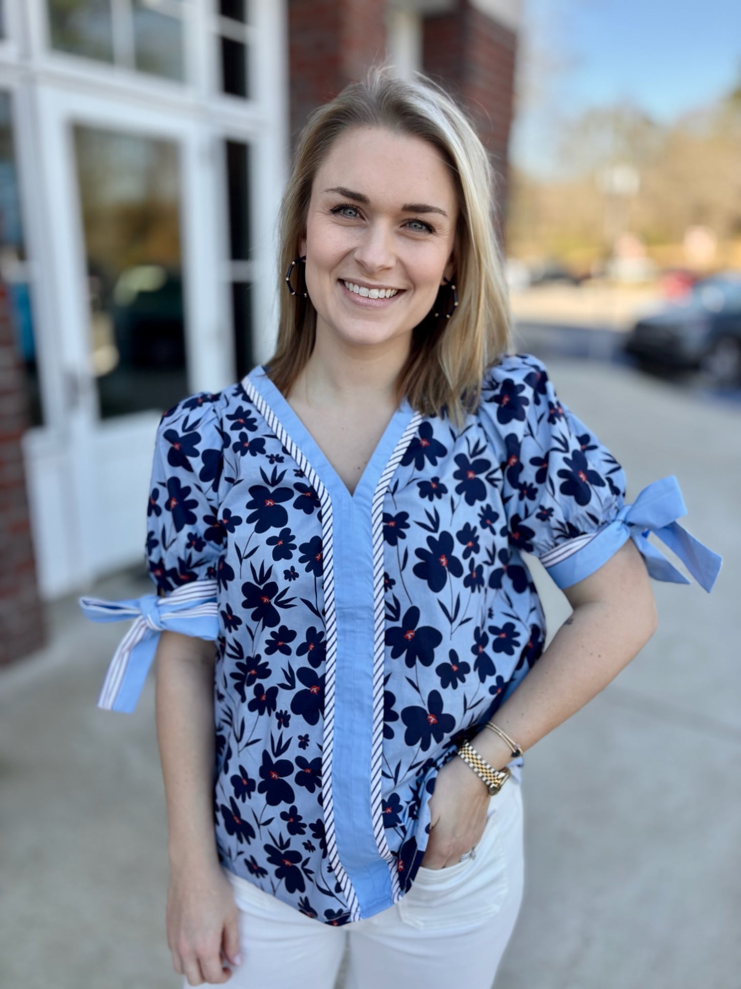 Blue Floral and Striped Banding Top