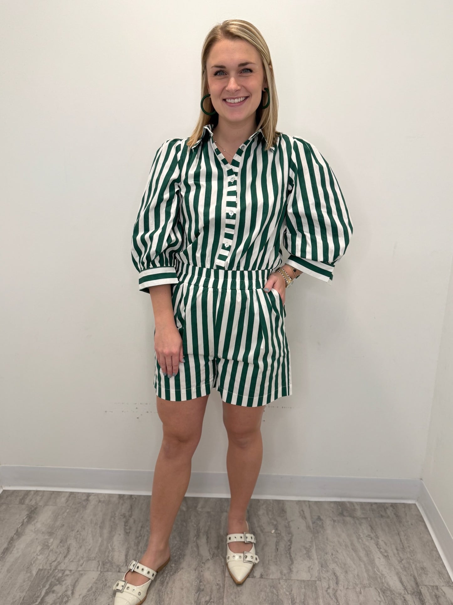 Green Stripe Button Down Romper