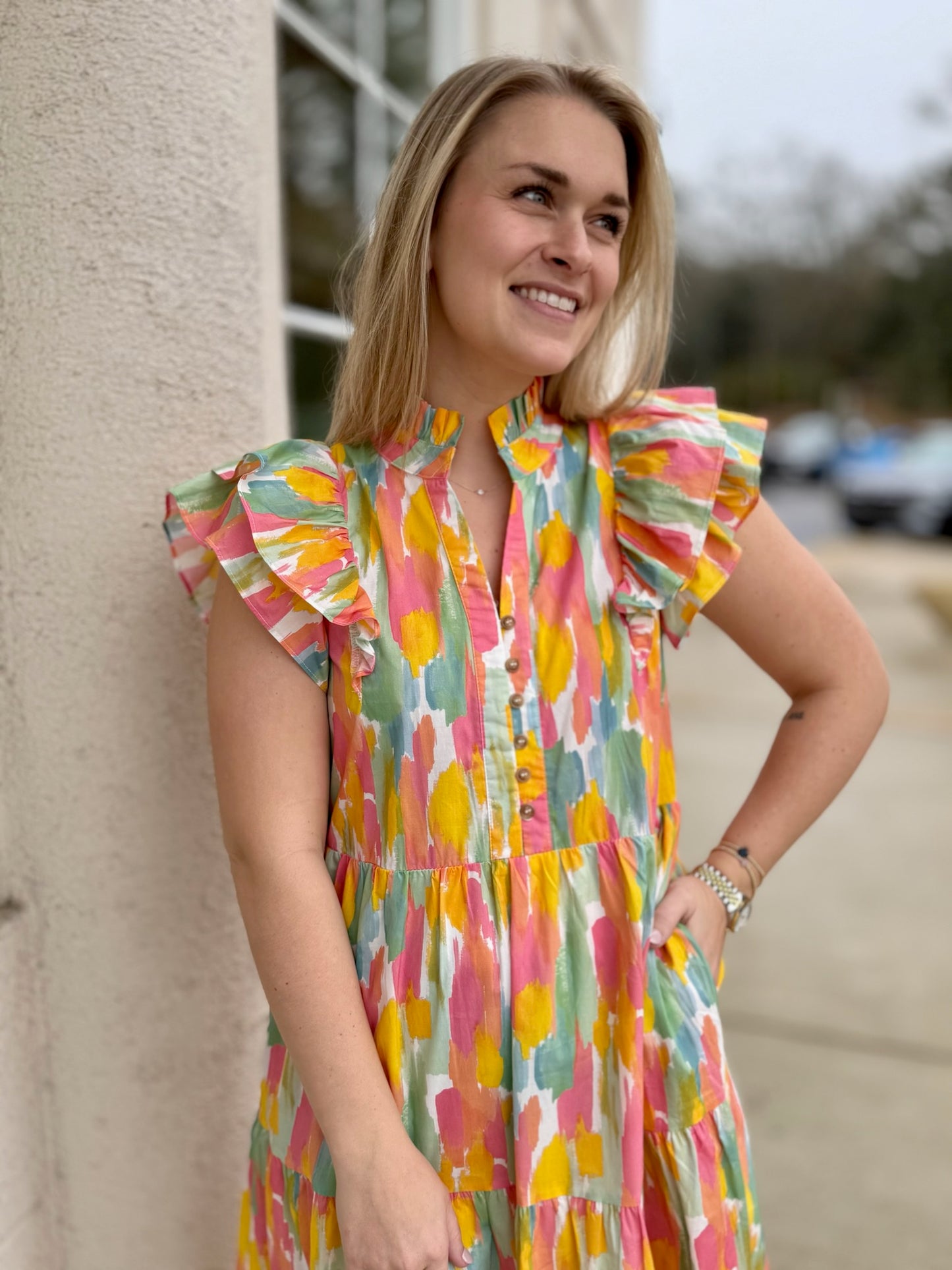 Coral and Yellow Print Tiered Midi Dress