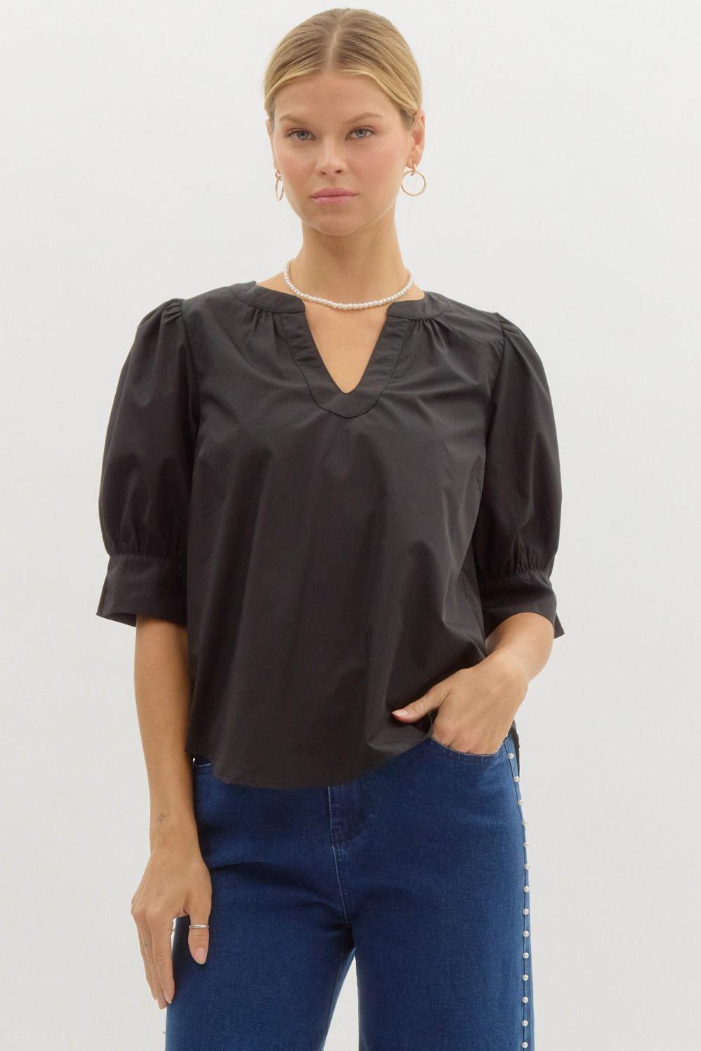 Black Slit Collar Top