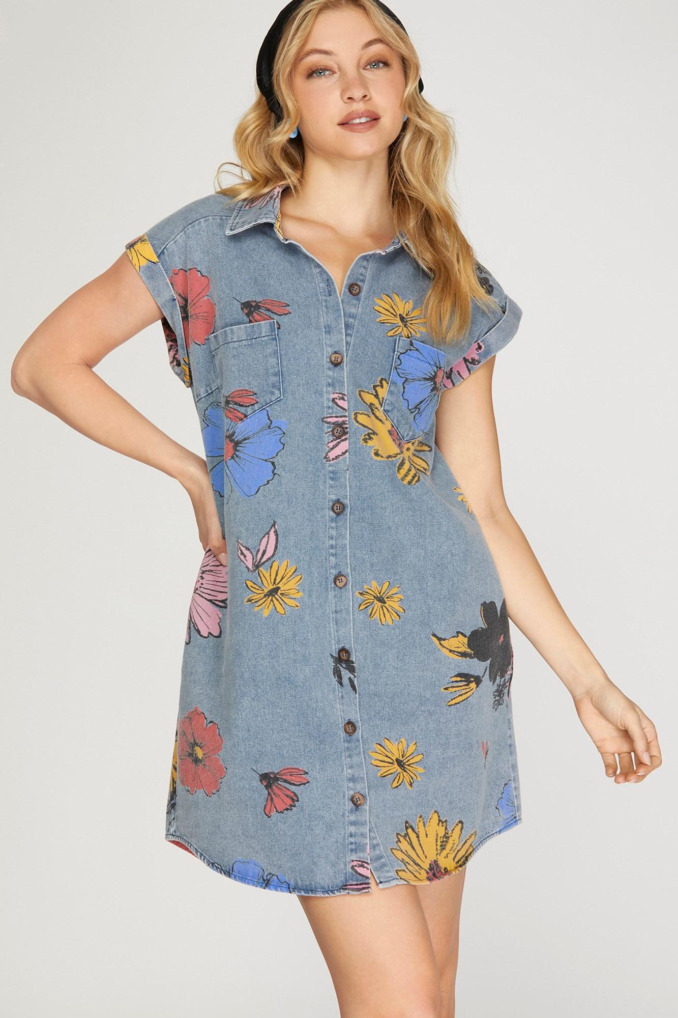 Lt Blue Flowered Print Denim Shirt Dress