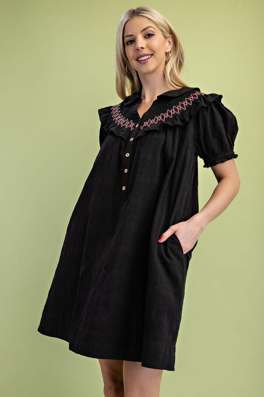 Black Embroidered Peter Pan Collared Dress