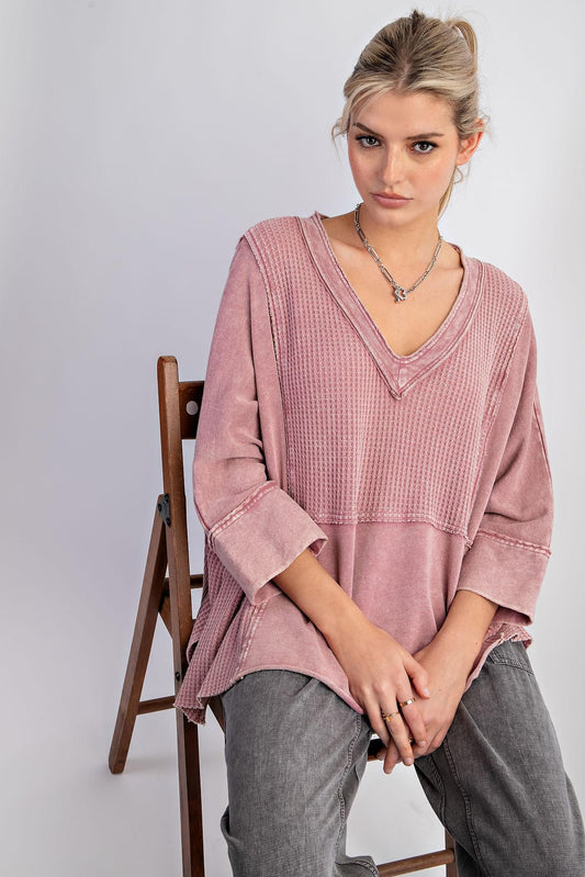 Mauve 3/4 Sleeve Mineral Washed Top