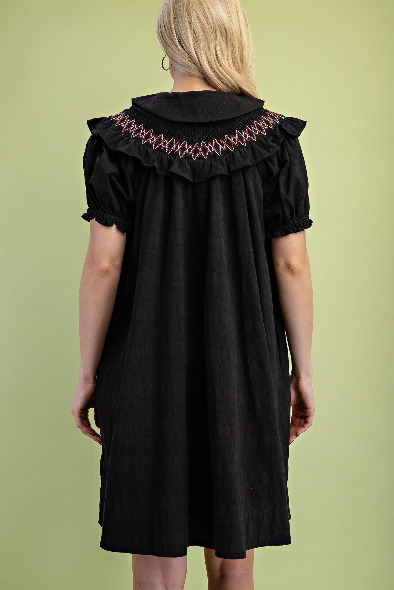 Black Embroidered Peter Pan Collared Dress