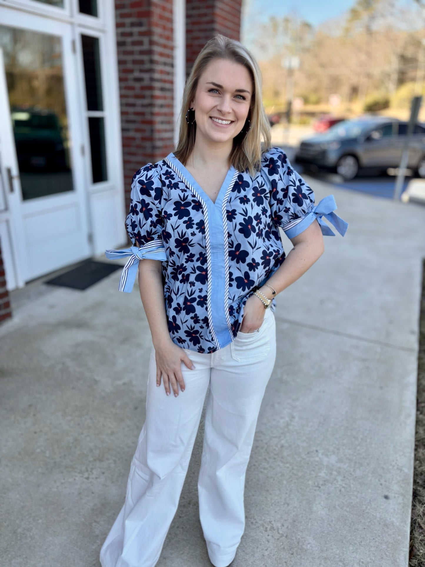 Blue Floral and Striped Banding Top