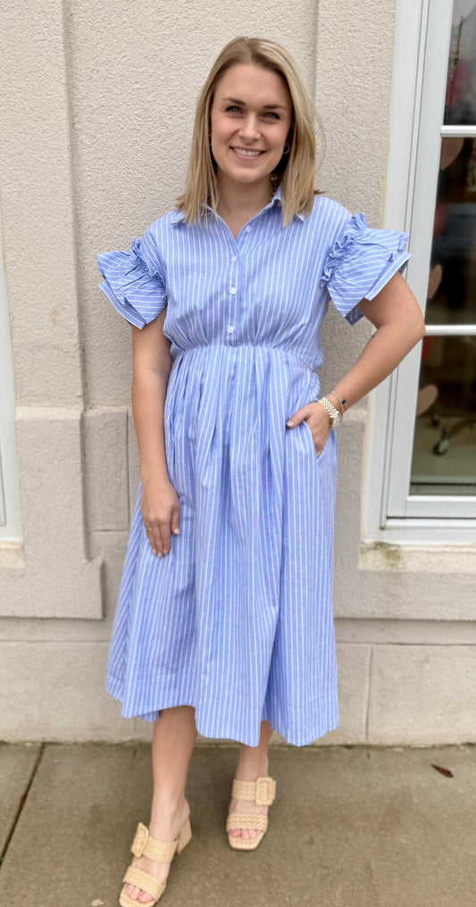 Blue Striped Cotton Oxford Shirt Dress