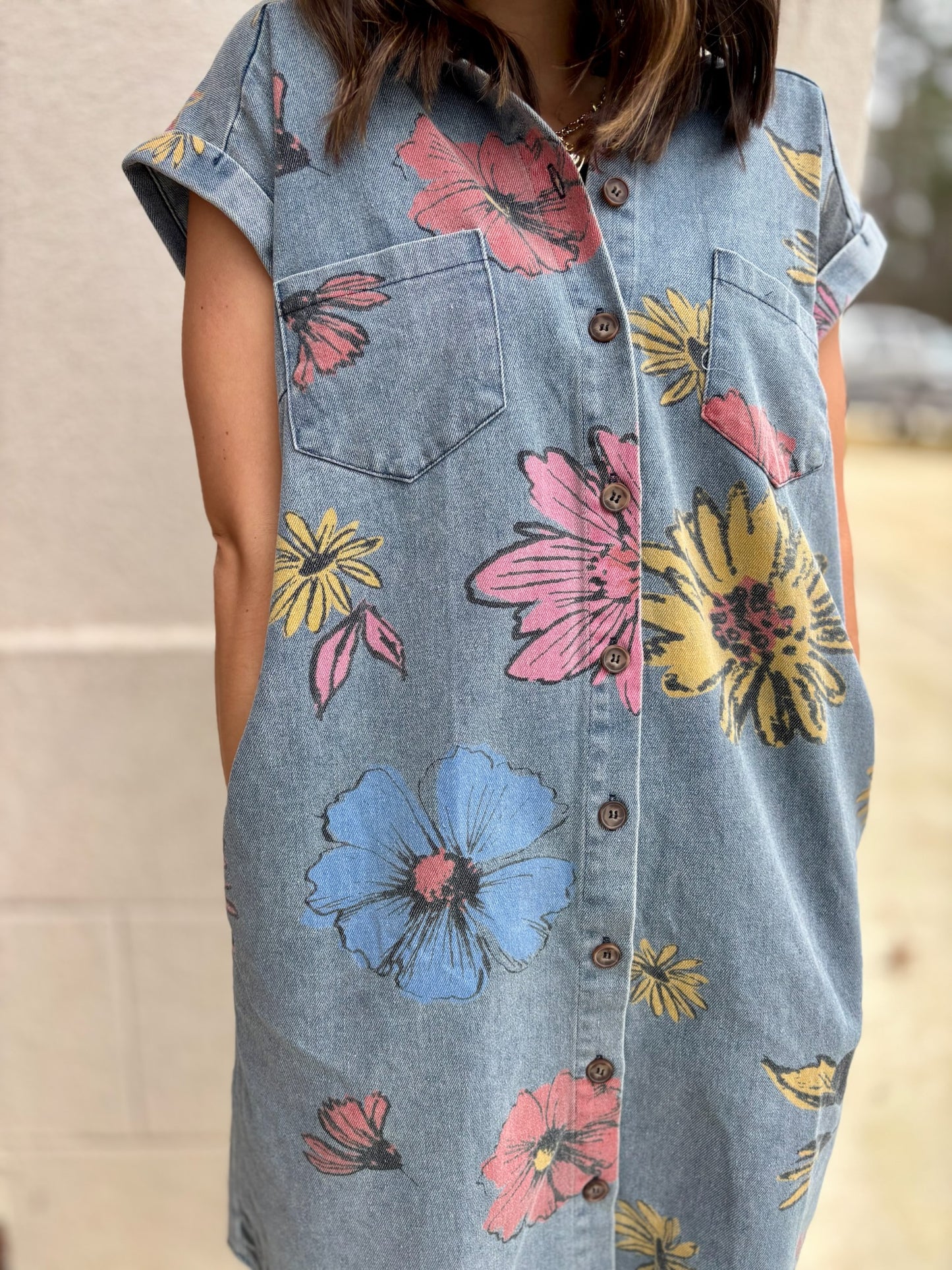 Lt Blue Flowered Print Denim Shirt Dress