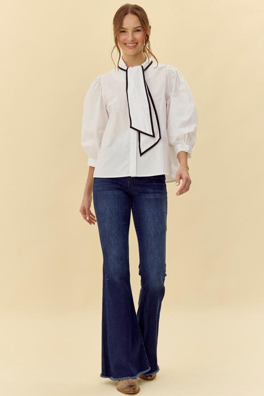 Off white with Black Trim Ribbon Tie Top