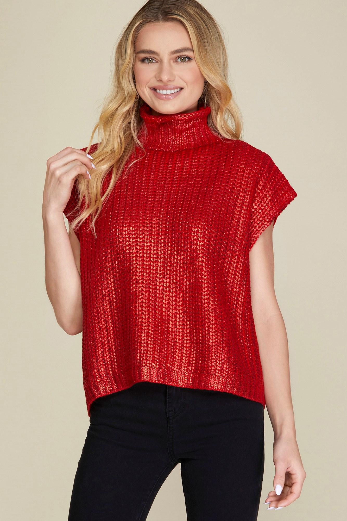 Red Metallic Foil Sleeveless Turtleneck Sweater Top