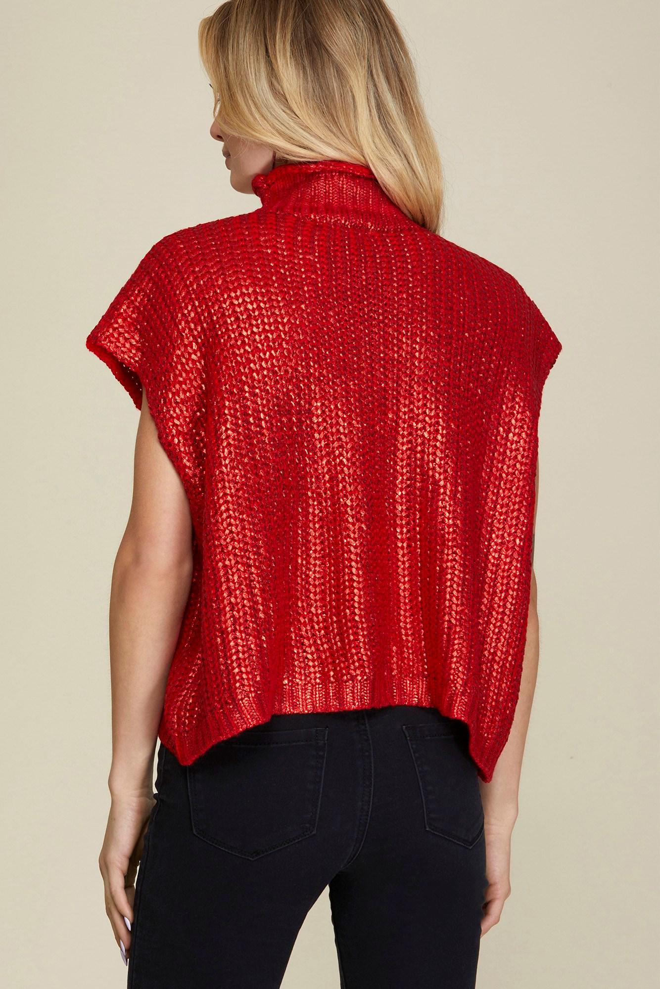 Red Metallic Foil Sleeveless Turtleneck Sweater Top