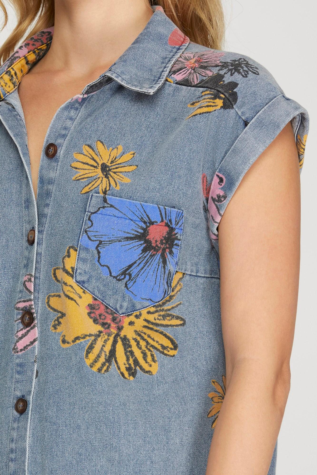 Lt Blue Flowered Print Denim Shirt Dress