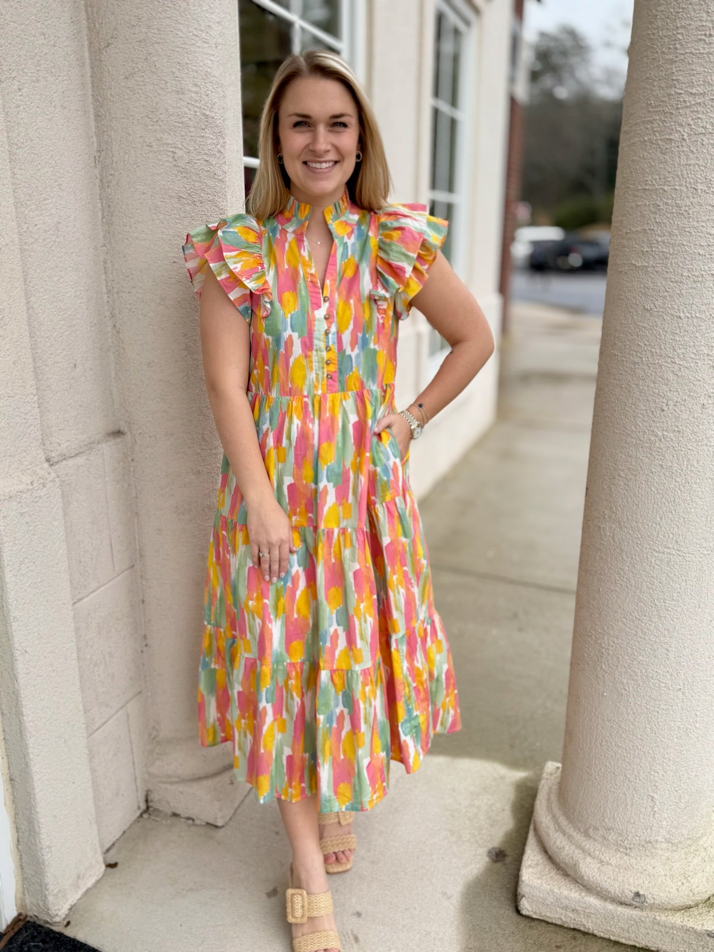 Coral and Yellow Print Tiered Midi Dress