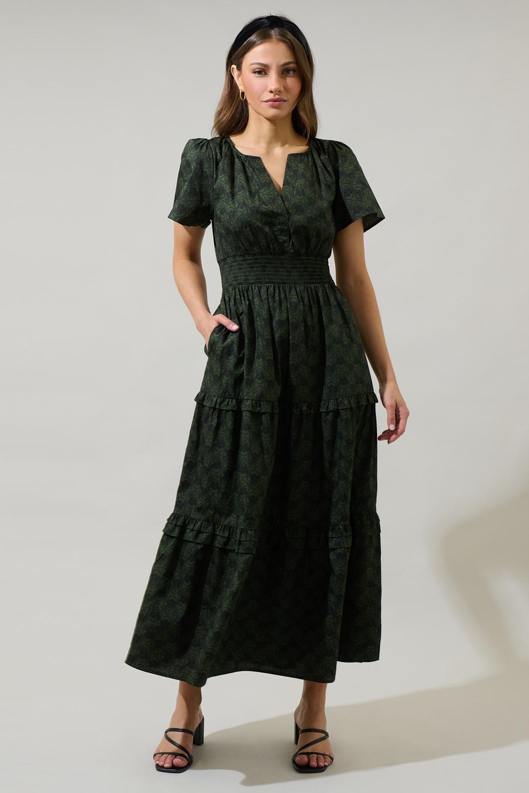 Olive Green Haslet Floral Maxi Dress