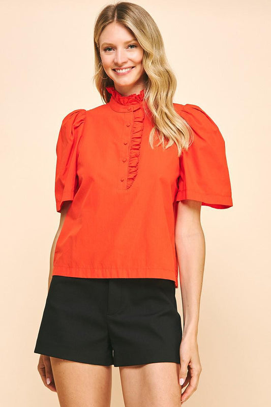 Tomato Red Button Down Ruffled Blouse