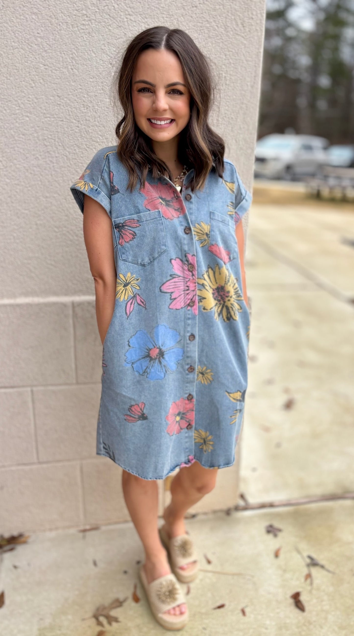 Lt Blue Flowered Print Denim Shirt Dress