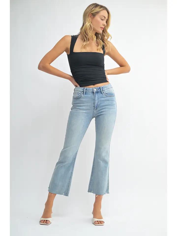 Light Denim HR Crop Flare Dis Hem