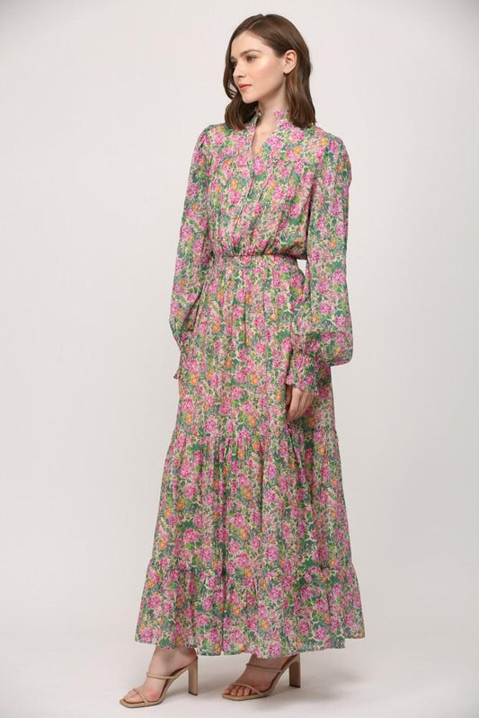 Green Pink Multi Print Cotton Voile Shirred Waist Midi