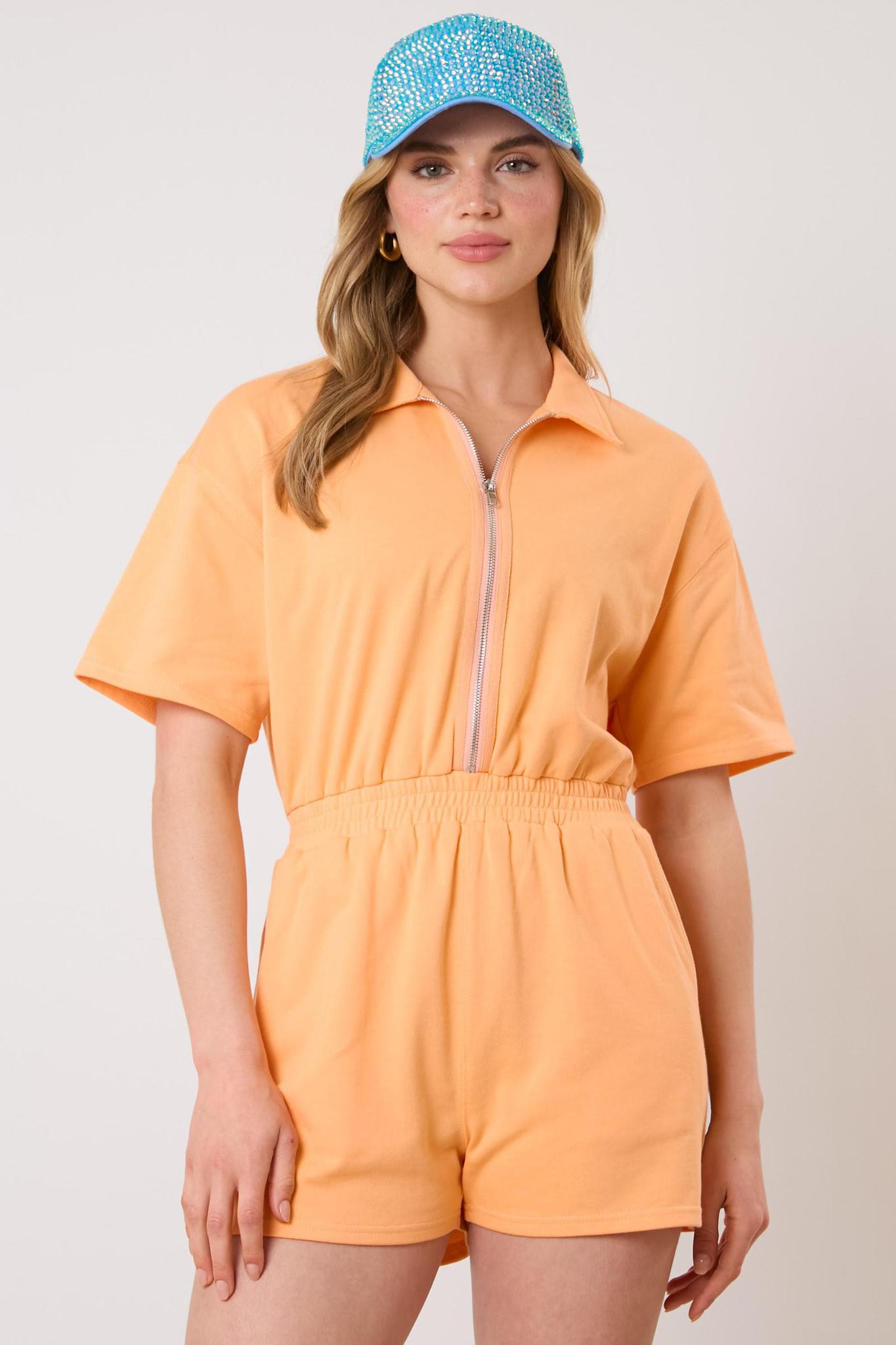 Light Orange Half Zipper Short Sleeve Romper