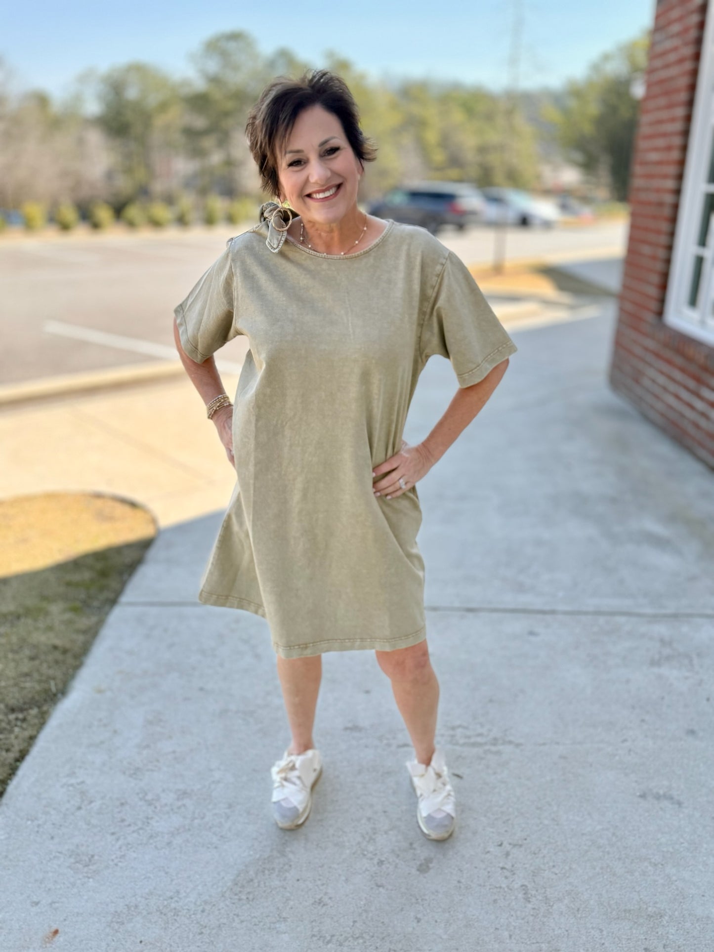 Faded Olive Bow Shoulder Dress