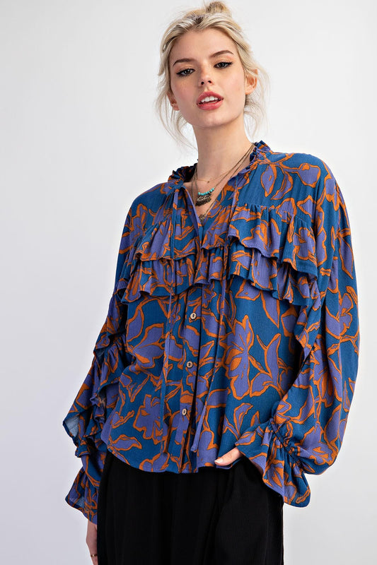 Indigo Printed Rayon Gauze Top