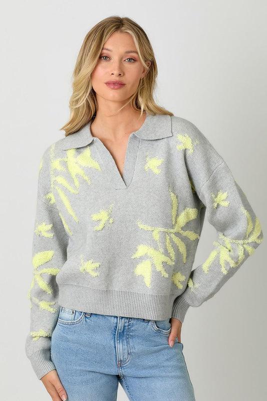 Grey and Lime Floral Pullover Sweater