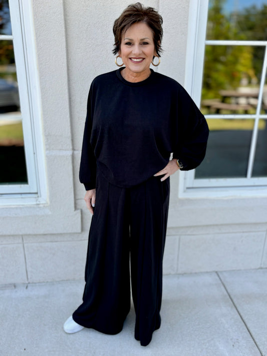 Black Terry Wide Leg Pant and Batwing Top Set