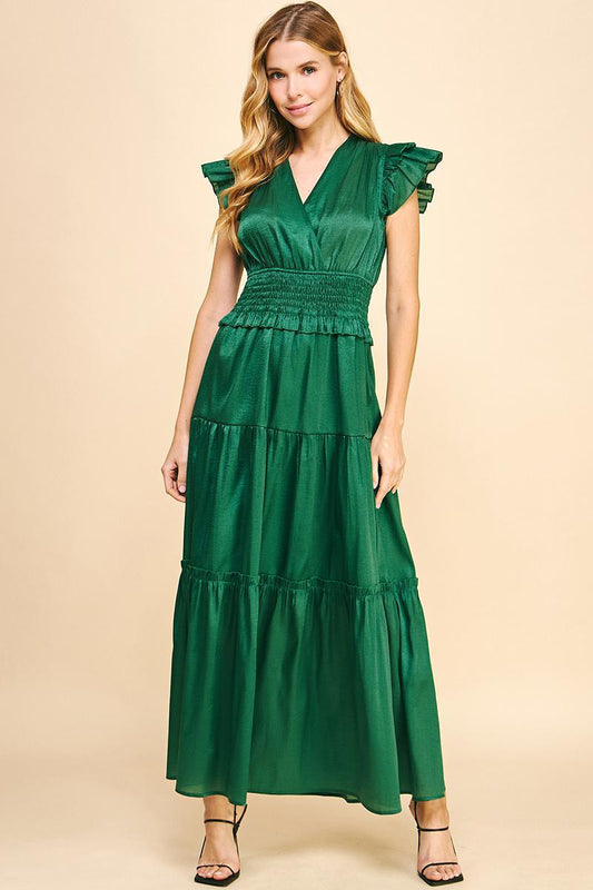 Hunter Green Satin Tiered Maxi Dress