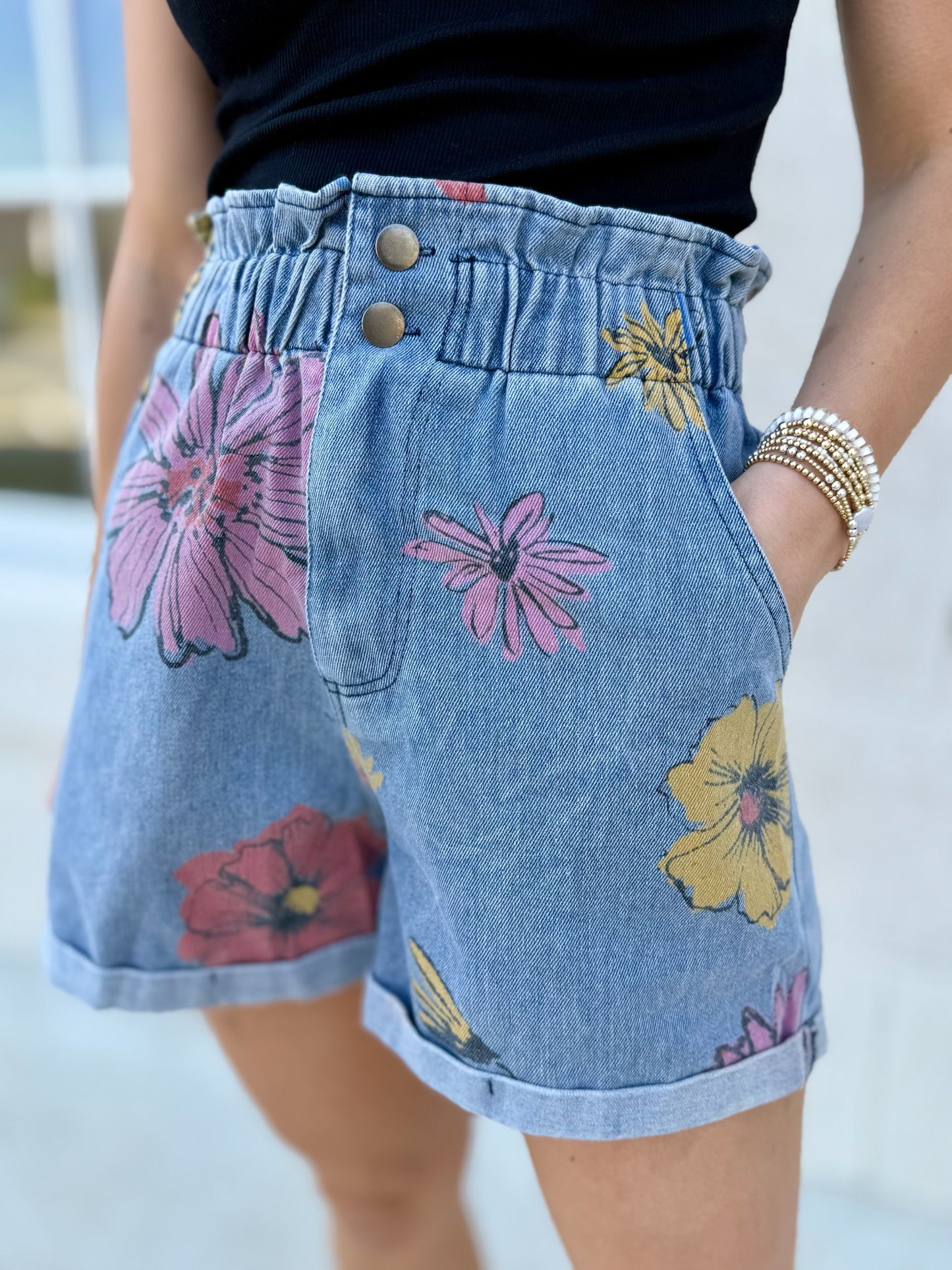 Floral Print Paperbag Waist Denim Short