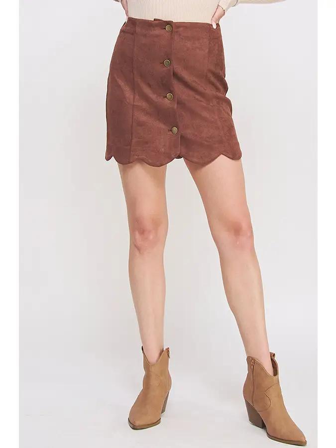 Brown Button Down Scallop Hem Suede Skirt