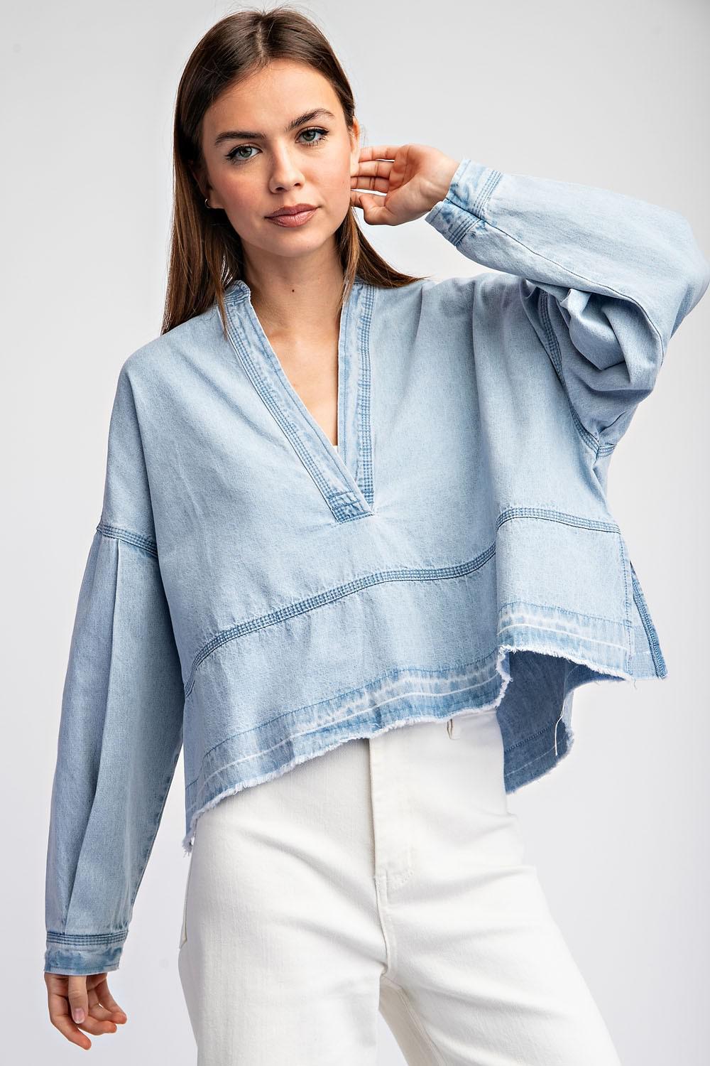 Denim Mineral Washed V-Neck Long Sleeve