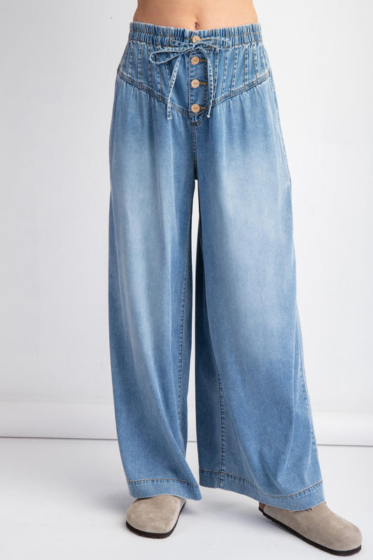 Denim Blue Pintuck Front Pants