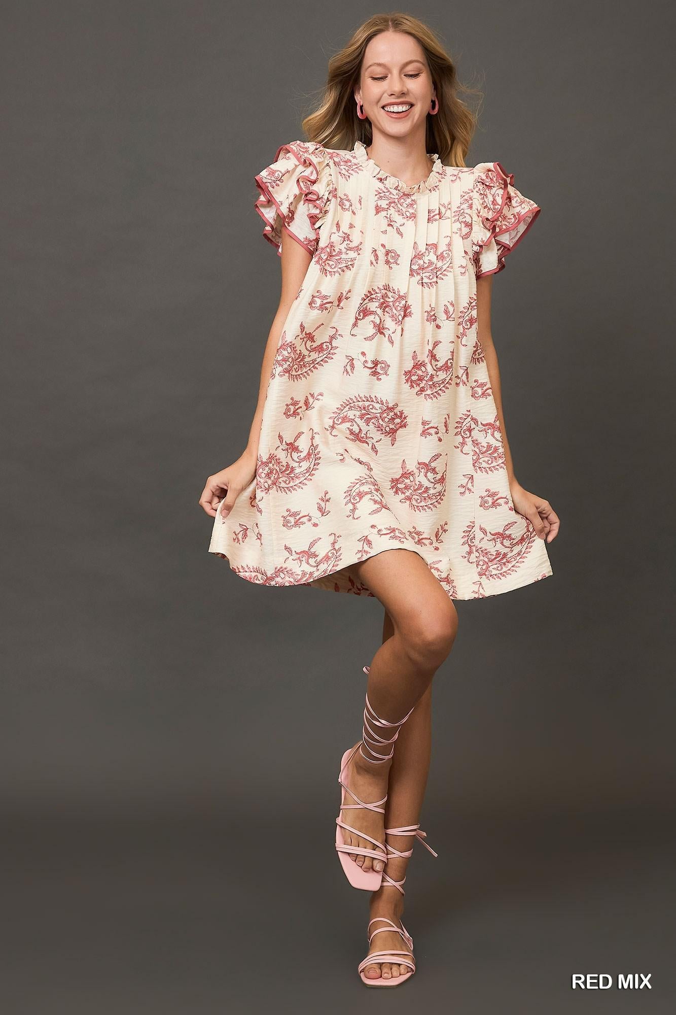 Red Mix Paisley Tiered Mini Dress