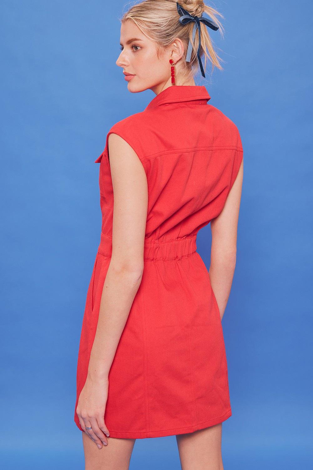 Red Pocket Detail Mini Dress