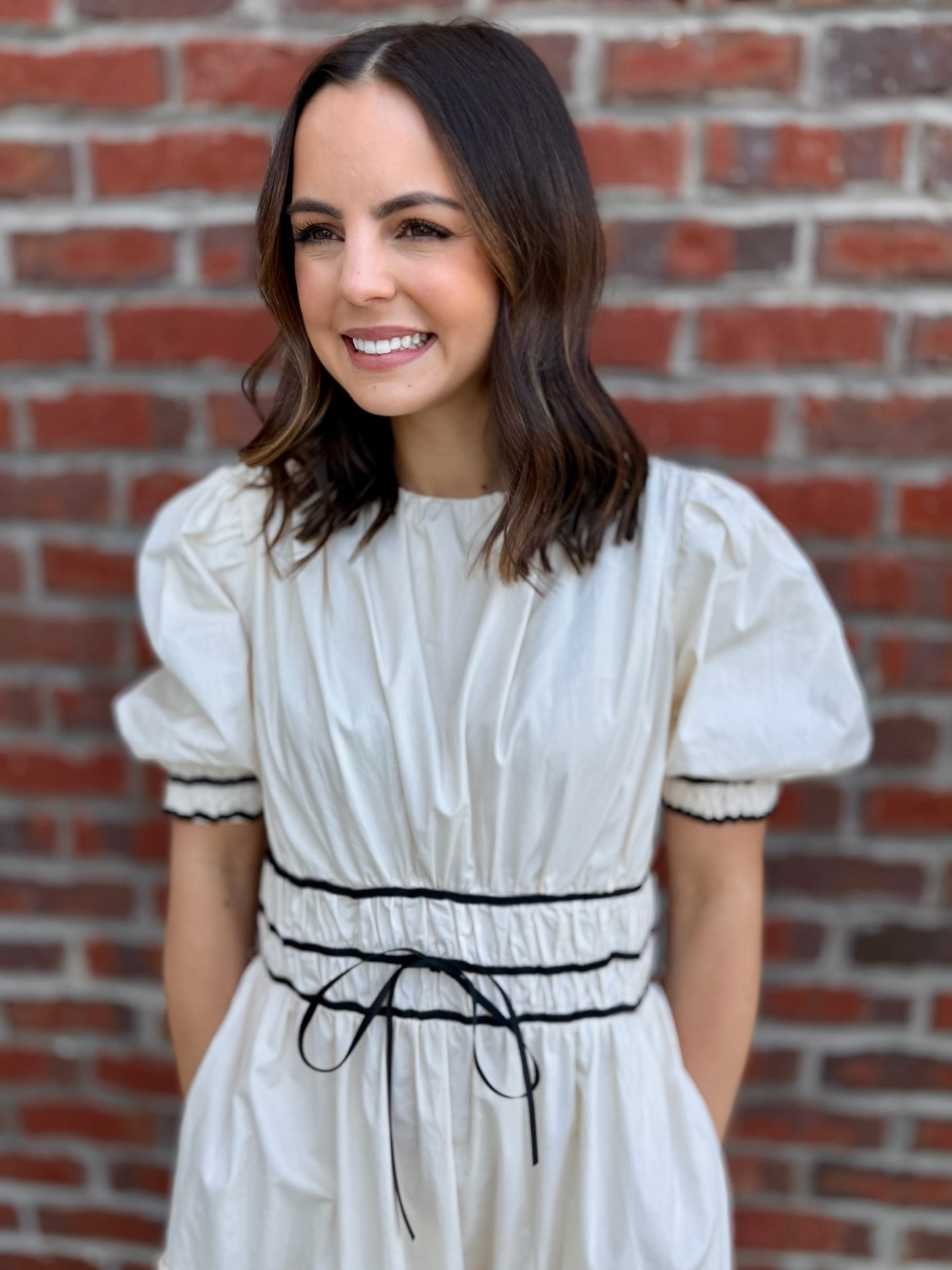 Cream Puff Sleeve Midi with Black Trim