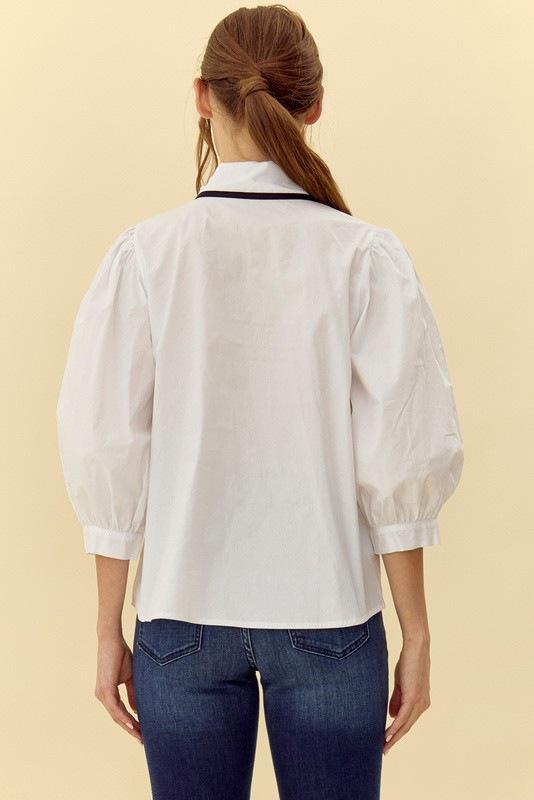 Off white with Black Trim Ribbon Tie Top