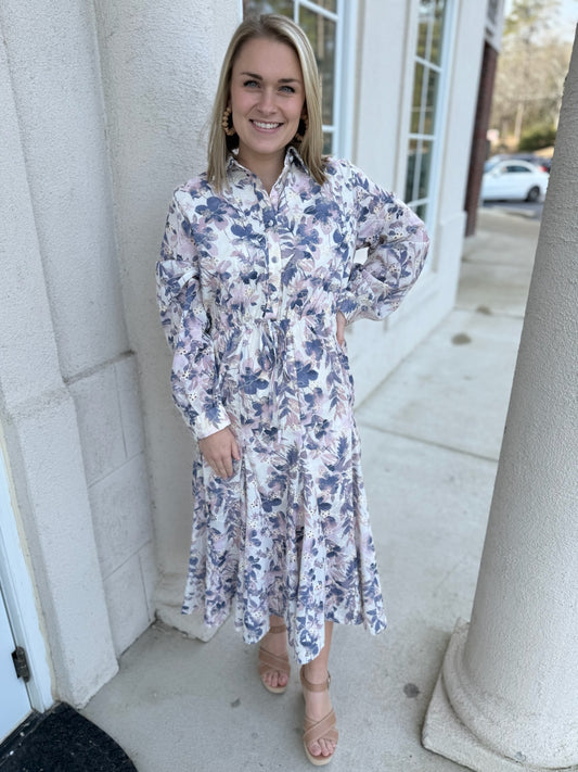 Lilac Floral Eyelet Midi Shirtdress