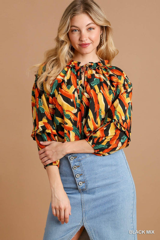 Black Mix Printed Brush Stroke Ruffle Blouse