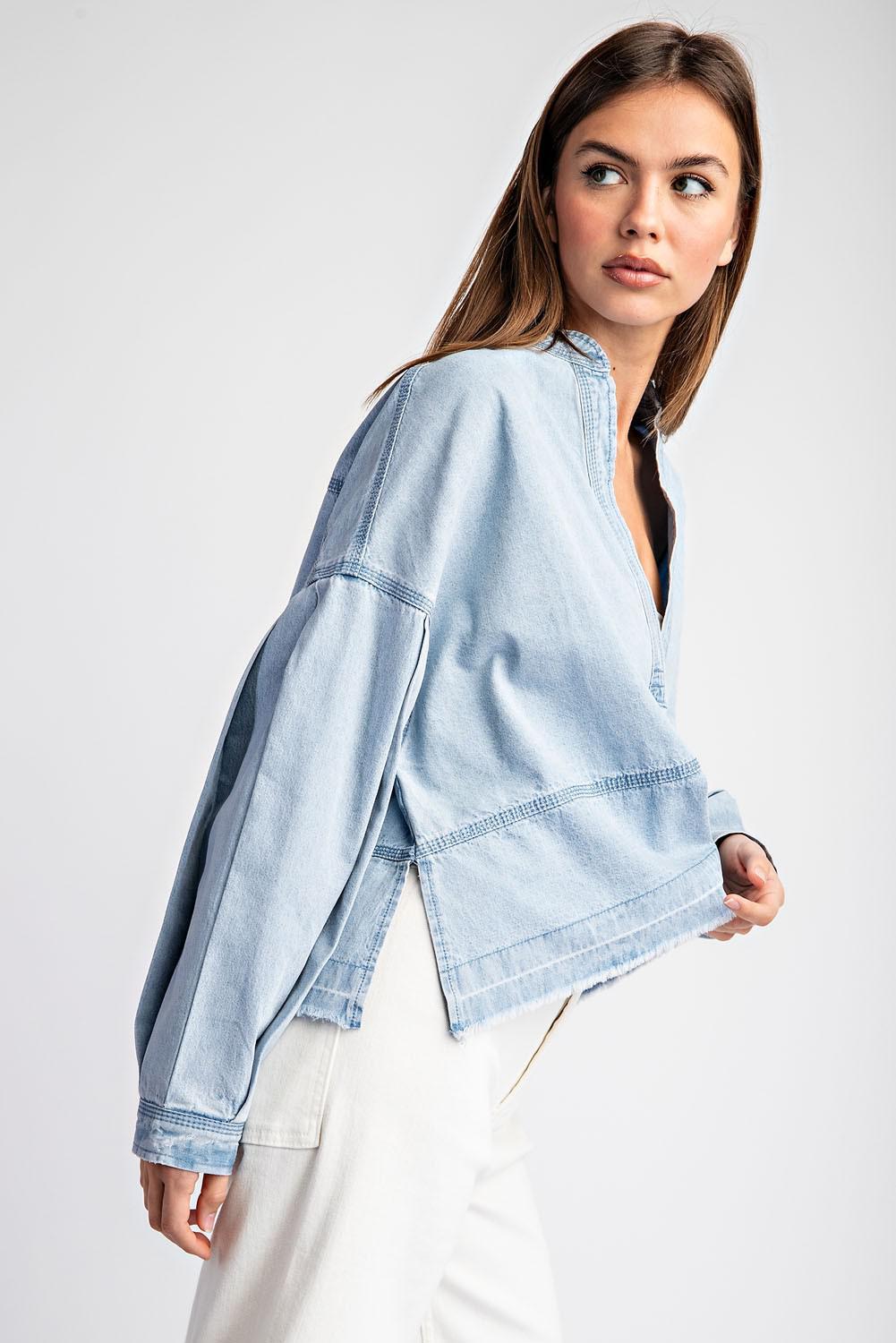 Denim Mineral Washed V-Neck Long Sleeve