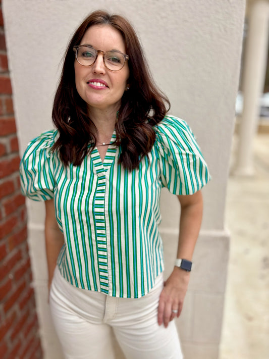 Green and White Stripe Print Top