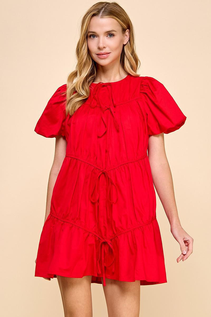 Red Bow Detail Puff Sleeve Dress