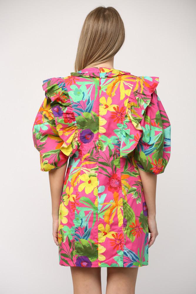Hot Pink Tropical Print Ruffle Detail Dress