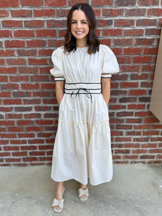 Cream Puff Sleeve Midi with Black Trim