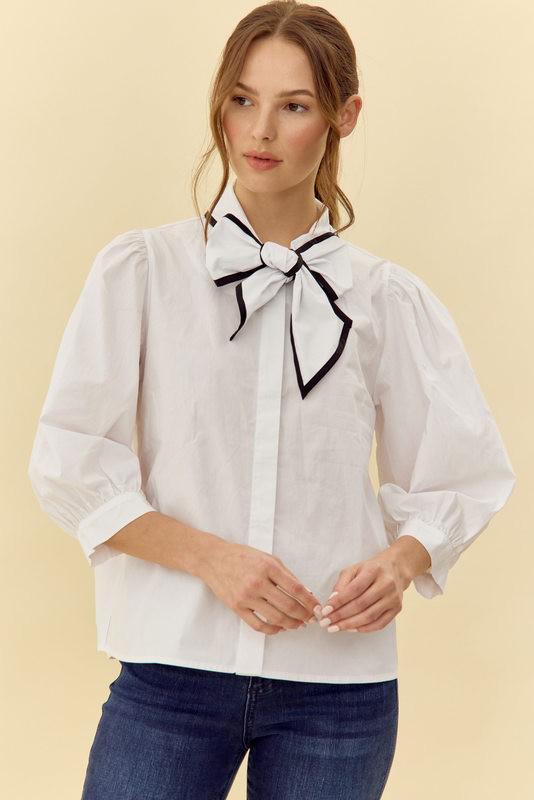 Off white with Black Trim Ribbon Tie Top