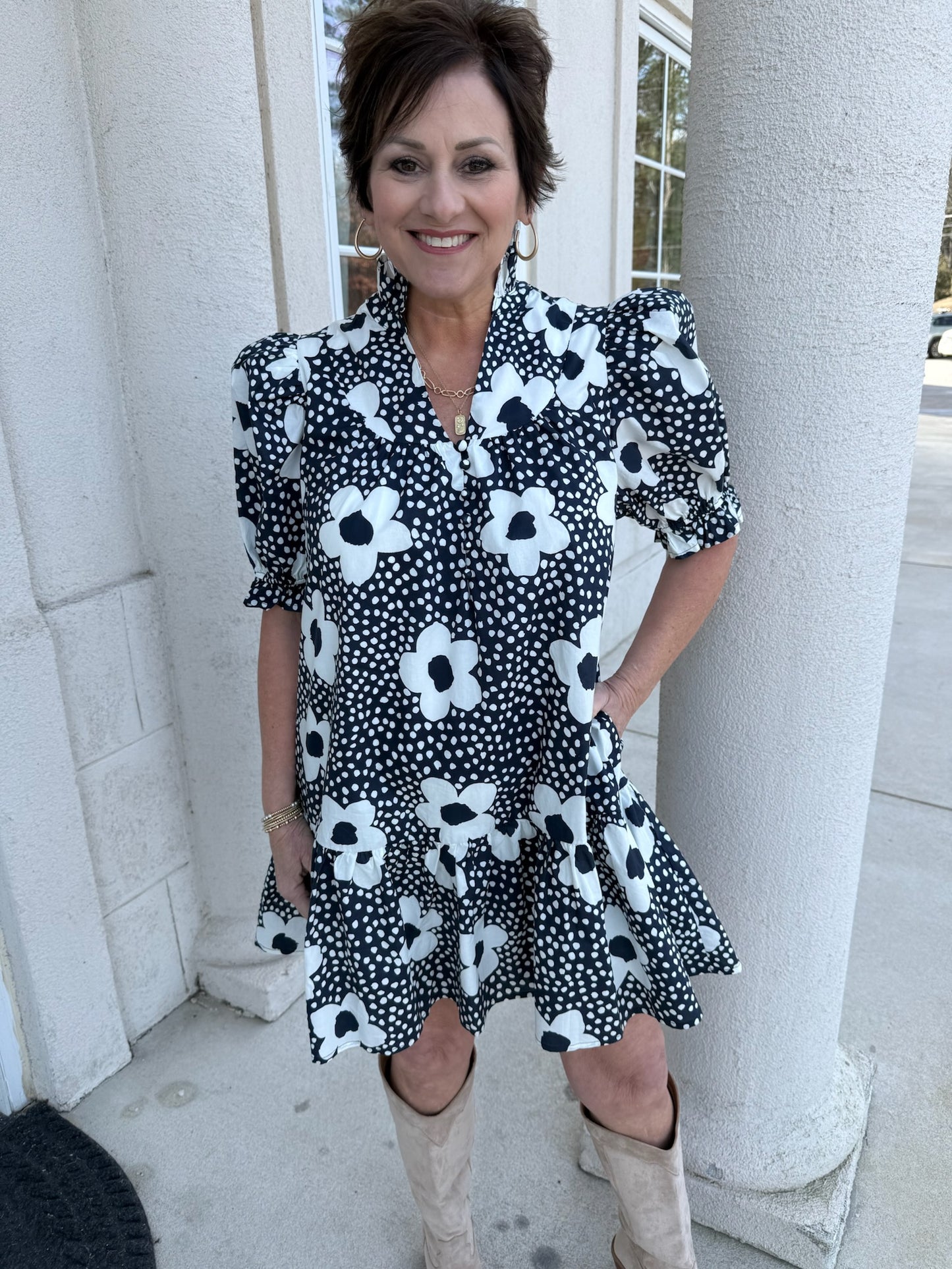 Navy and White Floral Puff sleeve Dress