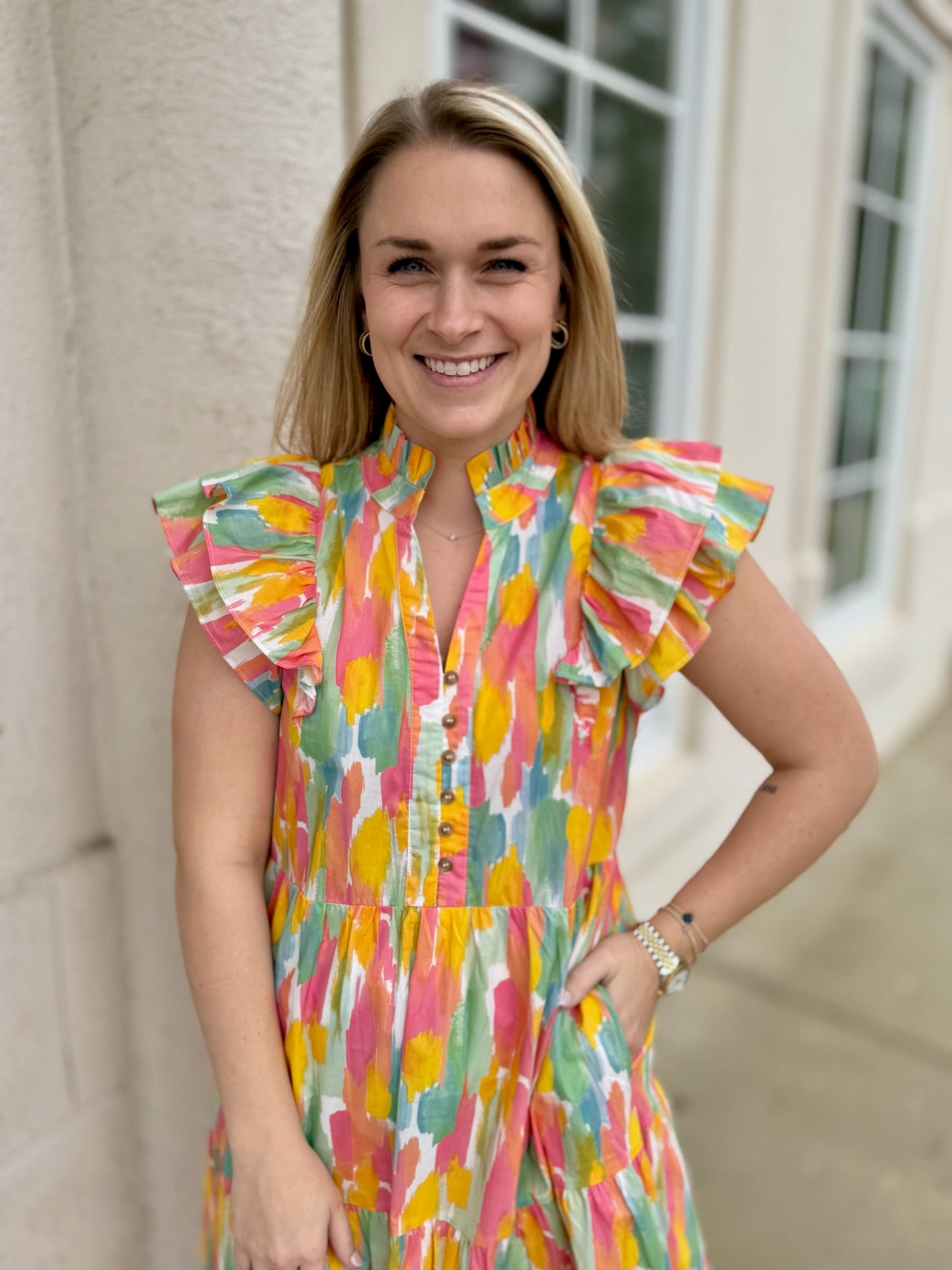 Coral and Yellow Print Tiered Midi Dress